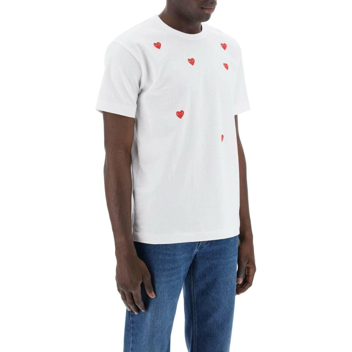 White Round Neck T-Shirt With Heart Pattern COMME DES GARCONS PLAY JOHN JULIA.