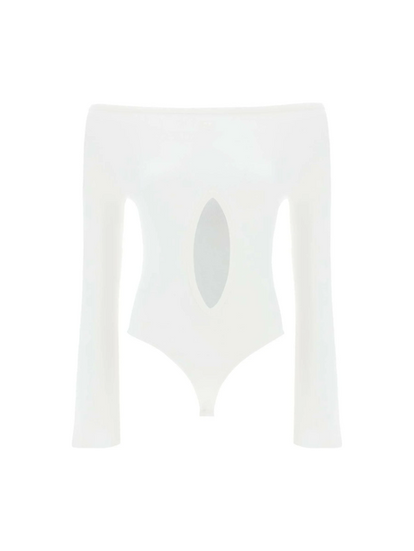 White Drop Jersey Boat Neck Bodysuit with Center Cut-Out COURREGES JOHN JULIA.