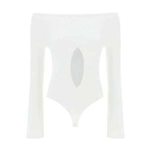 White Drop Jersey Boat Neck Bodysuit with Center Cut-Out COURREGES JOHN JULIA.