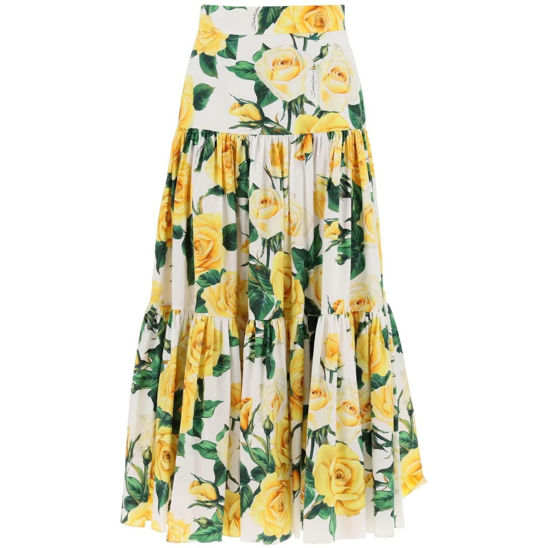 Yellow Rose-Print Long Ruffled Cotton Skirt DOLCE & GABBANA JOHN JULIA.