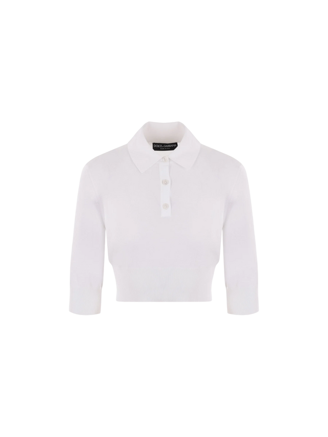 Cotton Blend Knit Cropped Polo Shirt-DOLCE&GABBANA-JOHN JULIA