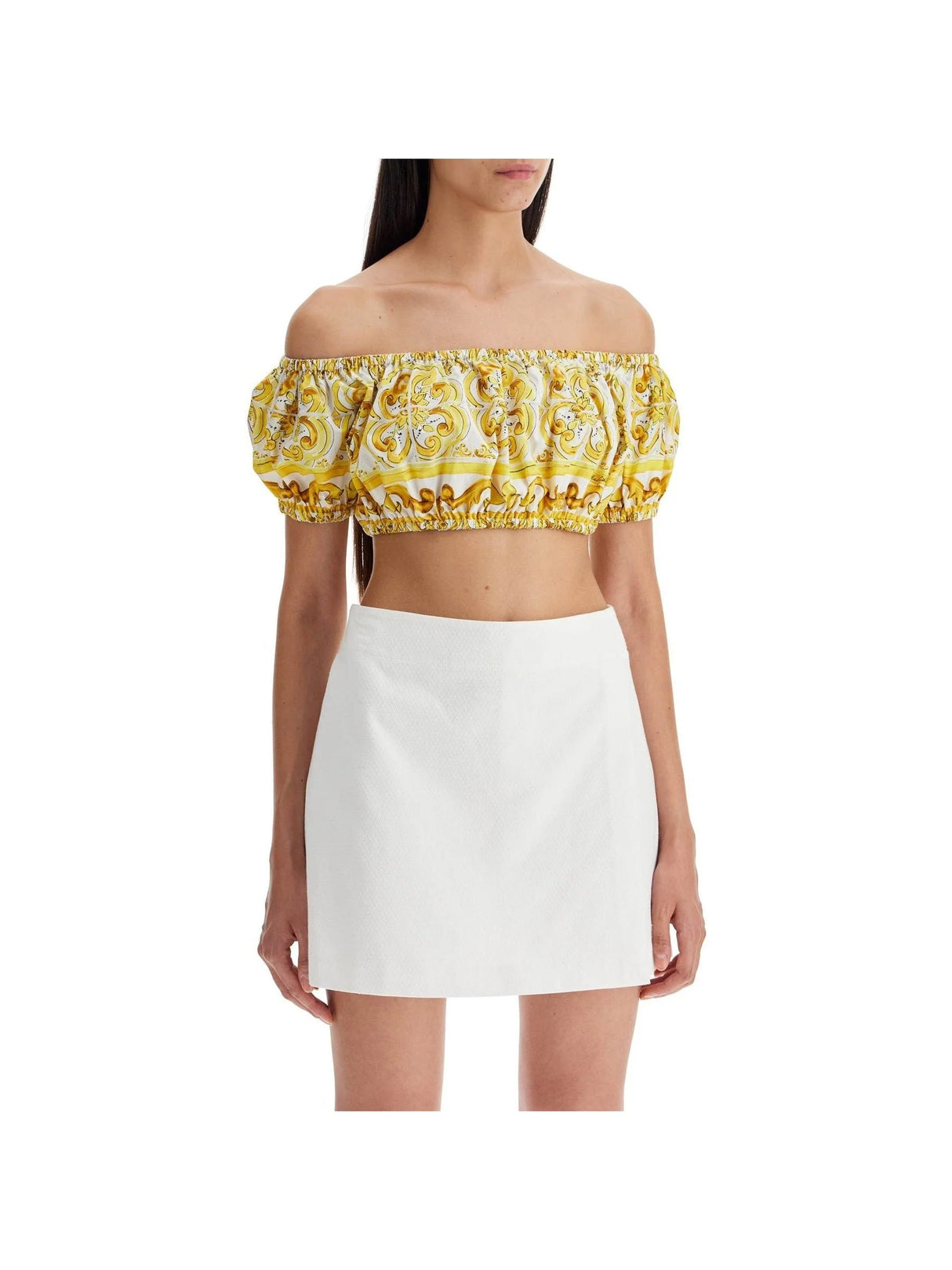 Cotton Poplin Off-Shoulder Crop Top Maiolica Print