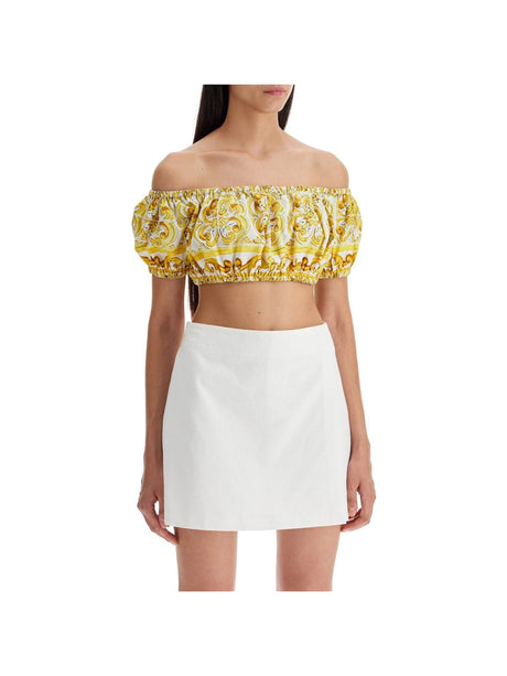 Cotton Poplin Off-Shoulder Crop Top Maiolica Print