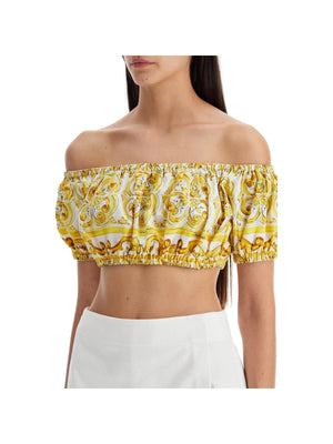 Cotton Poplin Off-Shoulder Crop Top Maiolica Print