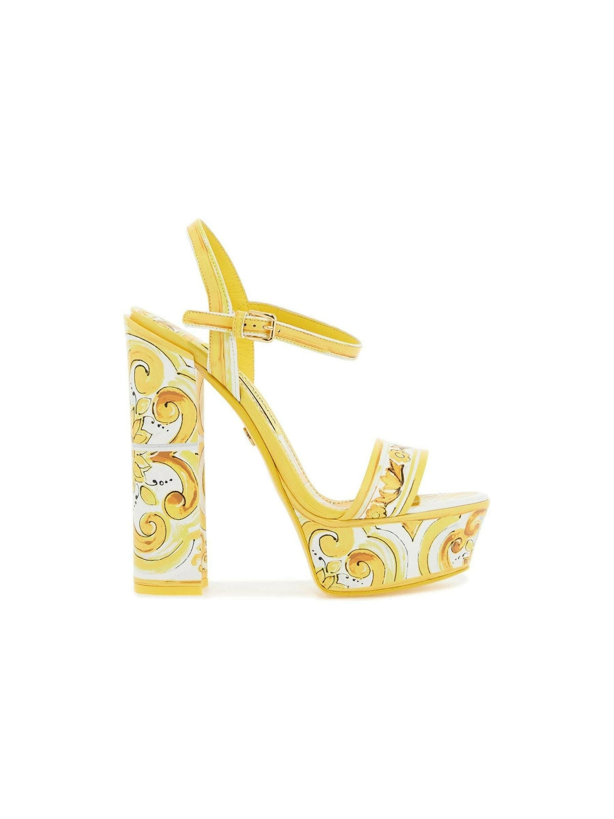 DOLCE&GABBANA-Polished Leather Majolica Print Platform Sandals-JOHN JULIA