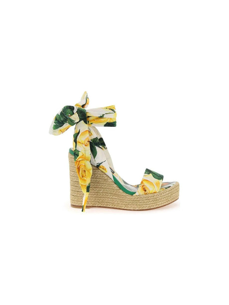 Rose-Print Charmeuse Wedge Sandals.