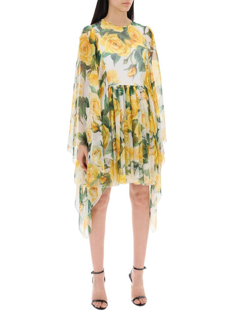 Short Silk Chiffon Dress With Yellow Rose Print