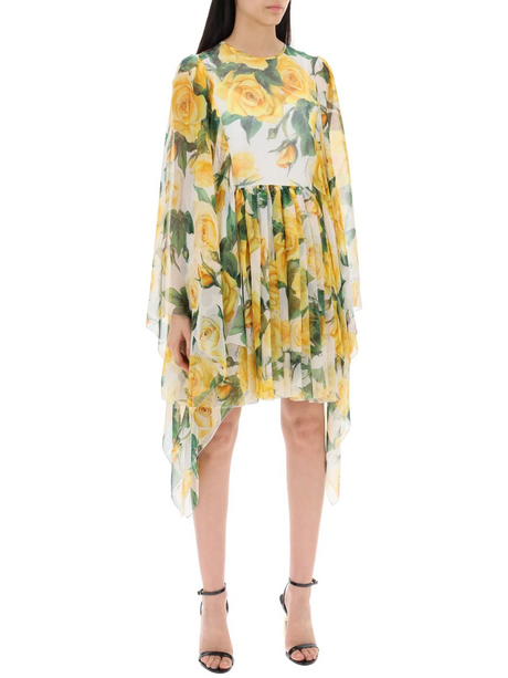 Short Silk Chiffon Dress With Yellow Rose Print