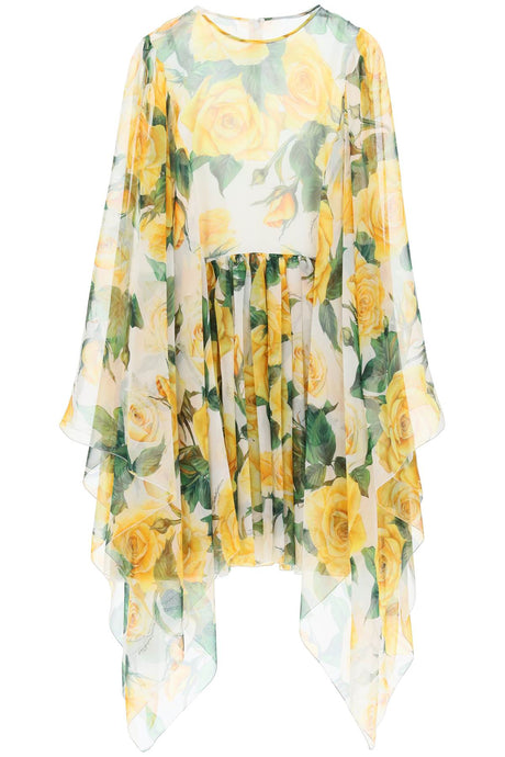 Short Silk Chiffon Dress With Yellow Rose Print