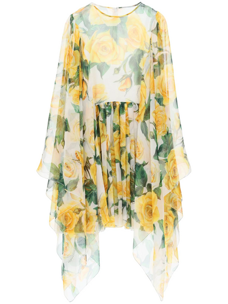 Short Silk Chiffon Dress With Yellow Rose Print