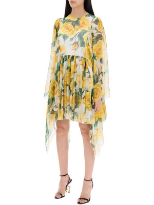 Short Silk Chiffon Dress With Yellow Rose Print