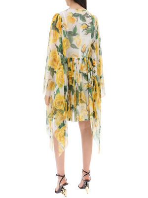 Short Silk Chiffon Dress With Yellow Rose Print