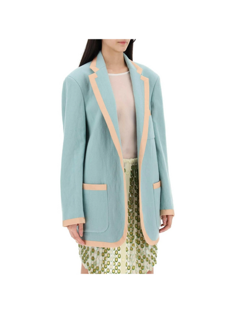 Mint Wool Viscose Blend Oversized Blazer With Contrast Trim DRIES VAN NOTEN JOHN JULIA.