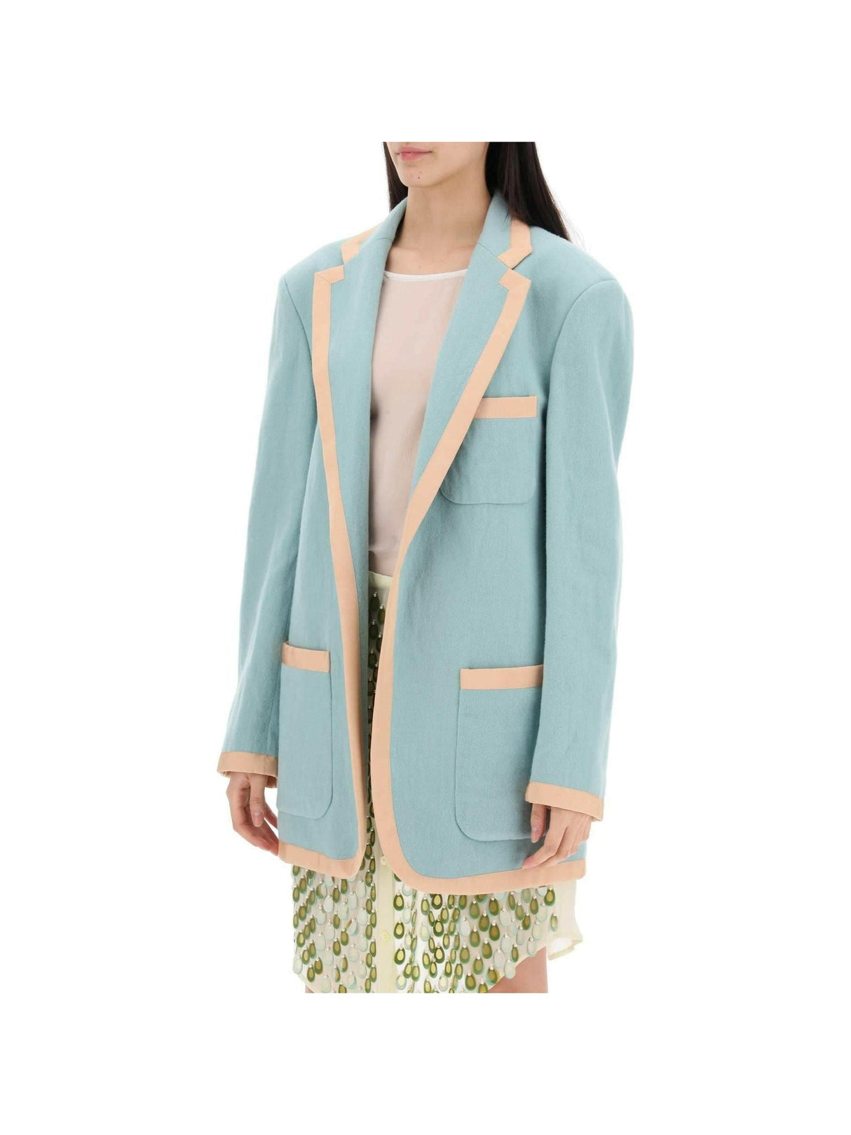 Mint Wool Viscose Blend Oversized Blazer With Contrast Trim DRIES VAN NOTEN JOHN JULIA.