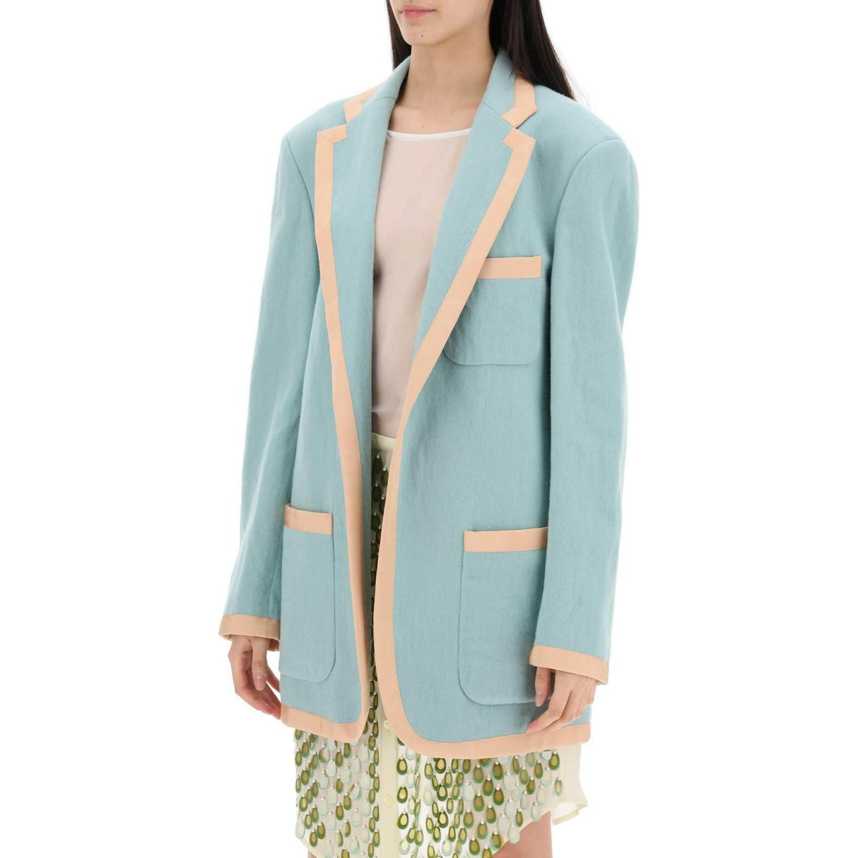 Mint Wool Viscose Blend Oversized Blazer With Contrast Trim DRIES VAN NOTEN JOHN JULIA.