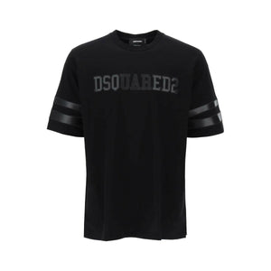 Black Cotton T-Shirt With Faux Leather Sleeve Inserts DSQUARED2 JOHN JULIA.