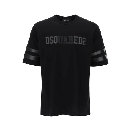 Black Cotton T-Shirt With Faux Leather Sleeve Inserts DSQUARED2 JOHN JULIA.