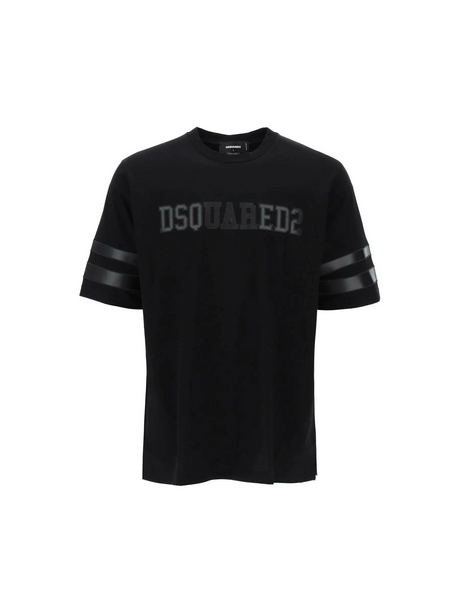 Black Cotton T-Shirt With Faux Leather Sleeve Inserts DSQUARED2 JOHN JULIA.