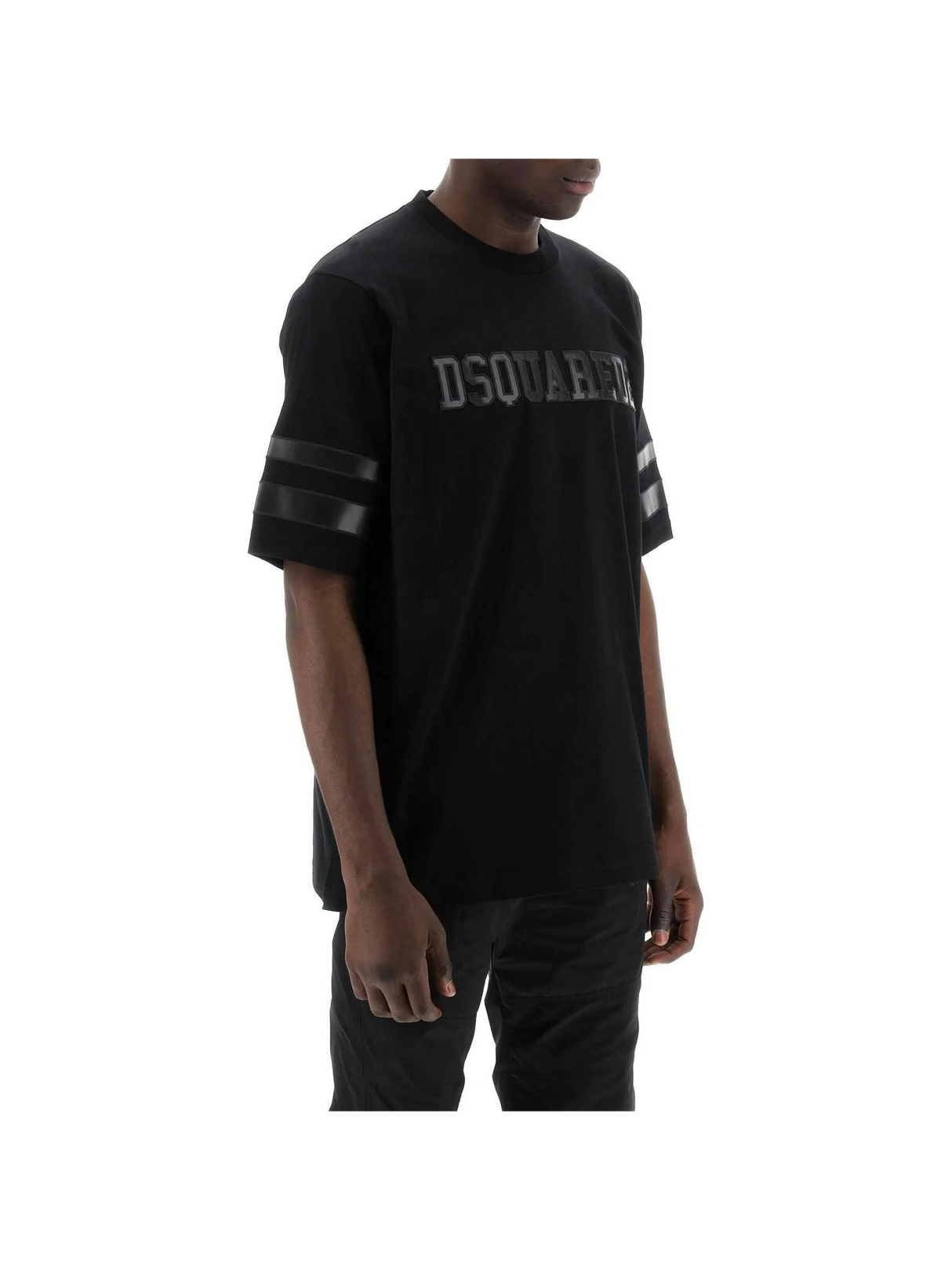 Black Cotton T-Shirt With Faux Leather Sleeve Inserts DSQUARED2 JOHN JULIA.