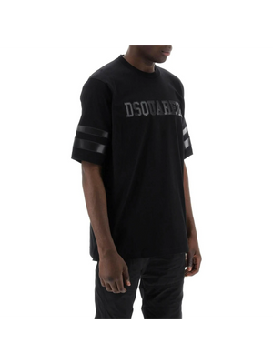 Black Cotton T-Shirt With Faux Leather Sleeve Inserts DSQUARED2 JOHN JULIA.