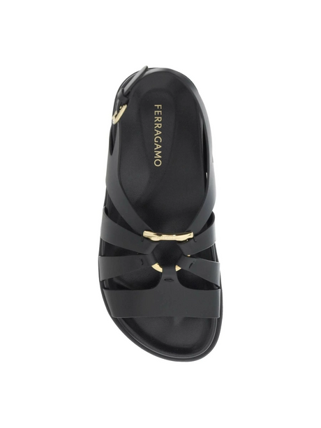 Black Gancini Ornament Calfskin Flat Sandal FERRAGAMO JOHN JULIA.