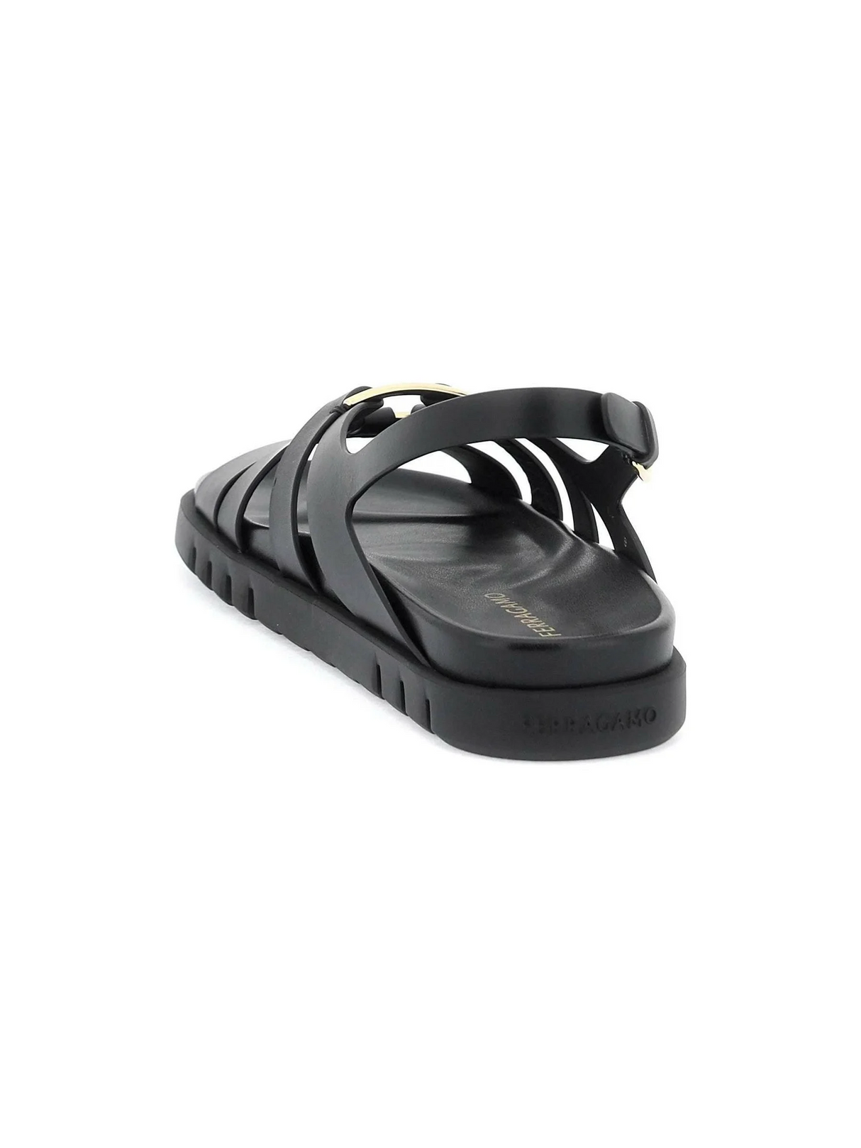 Black Gancini Ornament Calfskin Flat Sandal FERRAGAMO JOHN JULIA.