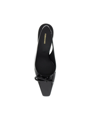 Black Asymmetric Bow Embellished Patent Leather Slingback Pumps FERRAGAMO JOHN JULIA.