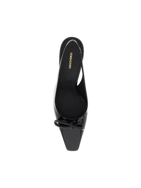 Black Asymmetric Bow Embellished Patent Leather Slingback Pumps FERRAGAMO JOHN JULIA.