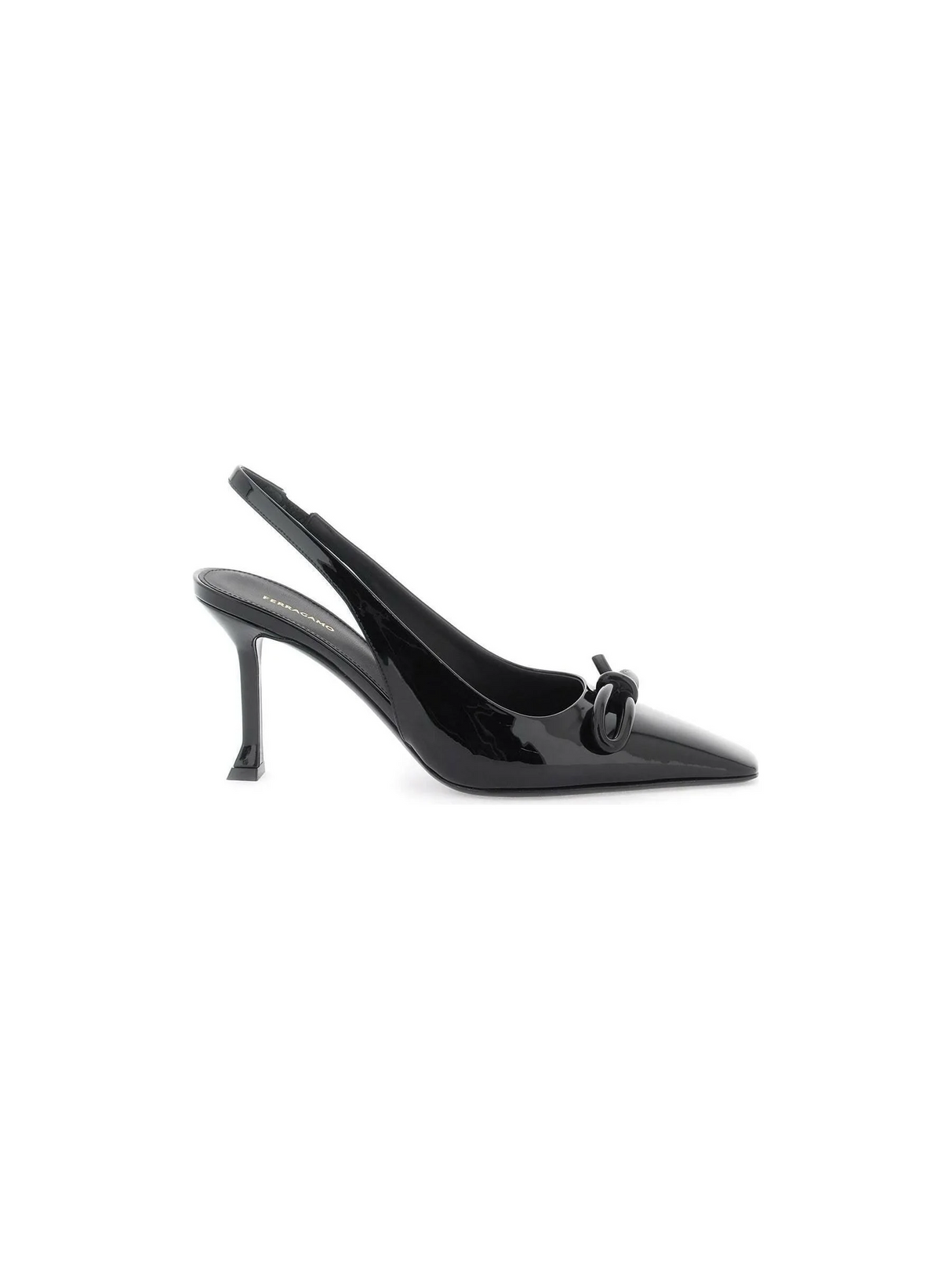 Black Asymmetric Bow Embellished Patent Leather Slingback Pumps FERRAGAMO JOHN JULIA.