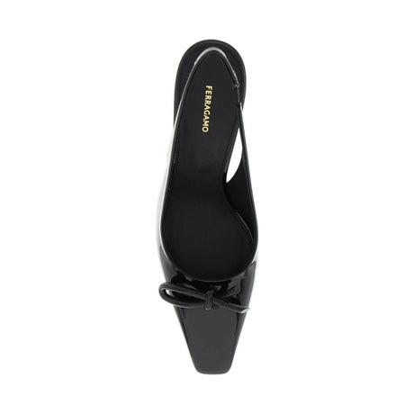 Black Asymmetric Bow Embellished Patent Leather Slingback Pumps FERRAGAMO JOHN JULIA.