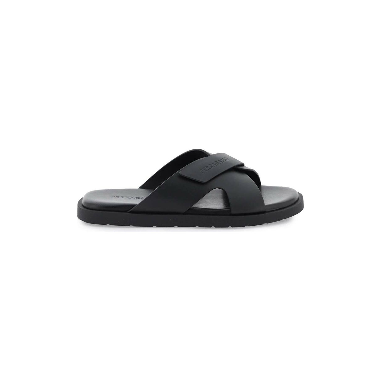 Black Cross-Over Strap Calfskin Slides FERRAGAMO JOHN JULIA.