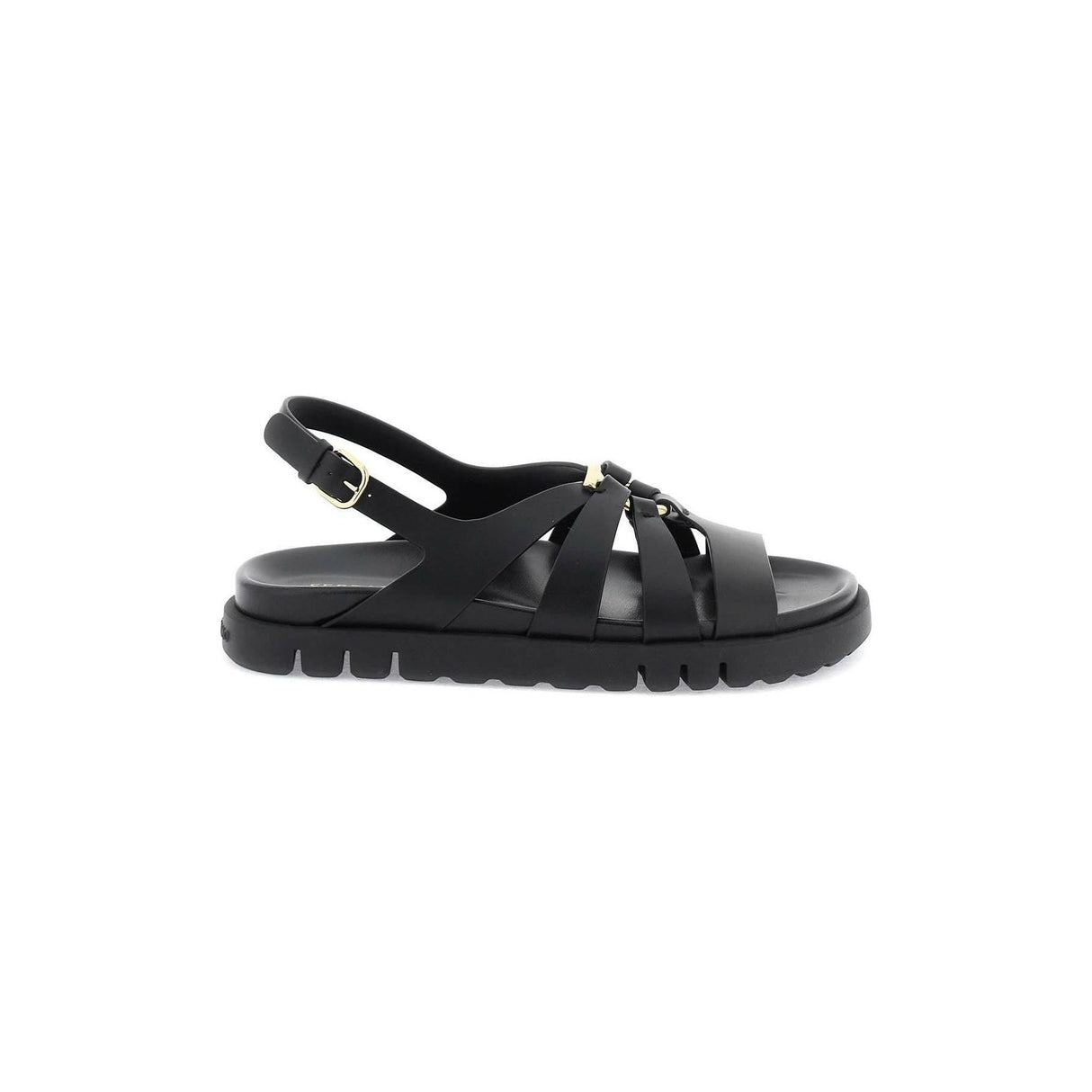 Black Gancini Ornament Calfskin Flat Sandal FERRAGAMO JOHN JULIA.