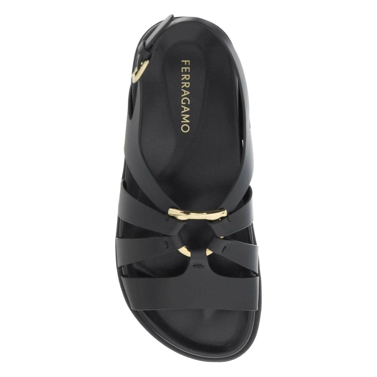 Black Gancini Ornament Calfskin Flat Sandal FERRAGAMO JOHN JULIA.