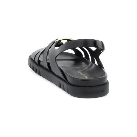 Black Gancini Ornament Calfskin Flat Sandal FERRAGAMO JOHN JULIA.