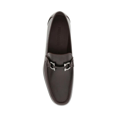 Cocoa Brown Gancini Embossed Leather Loafers FERRAGAMO JOHN JULIA.