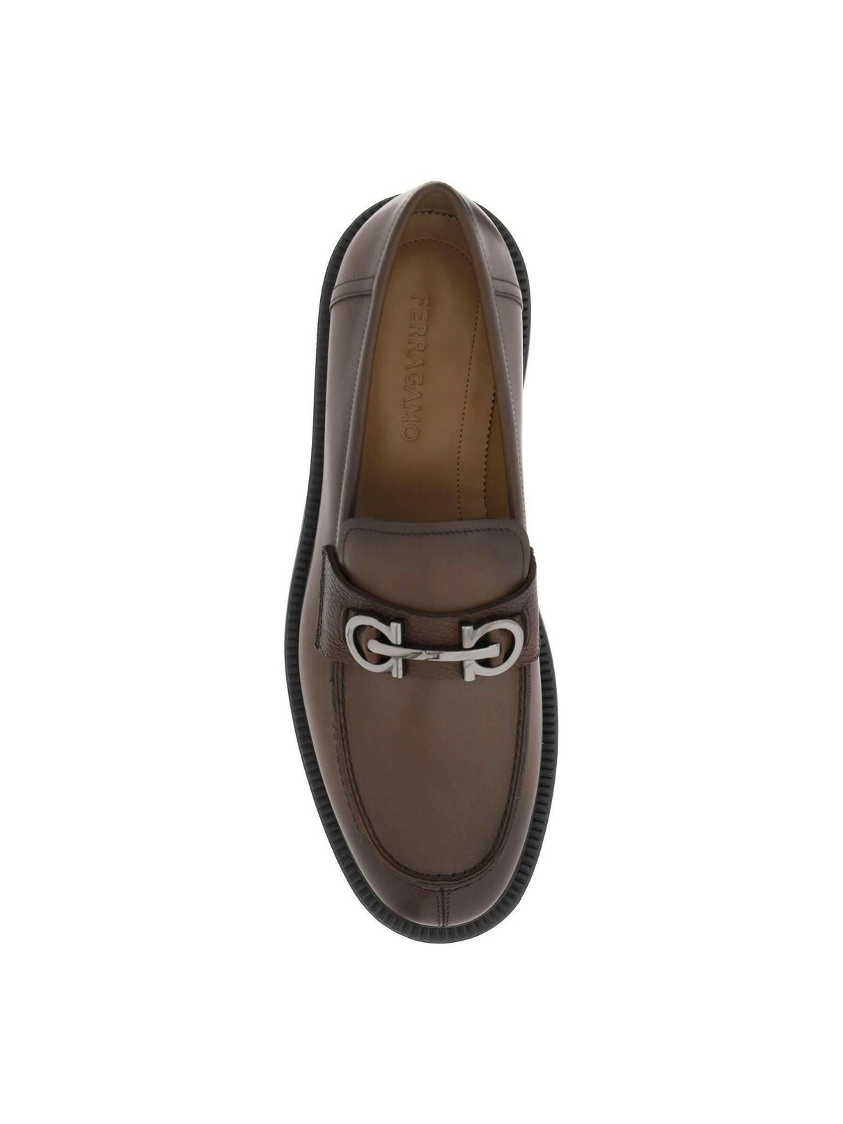 FERRAGAMO-Cocoa Brown Gancini Leather Loafers-JOHN JULIA