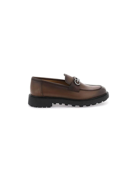 FERRAGAMO-Cocoa Brown Gancini Leather Loafers-JOHN JULIA