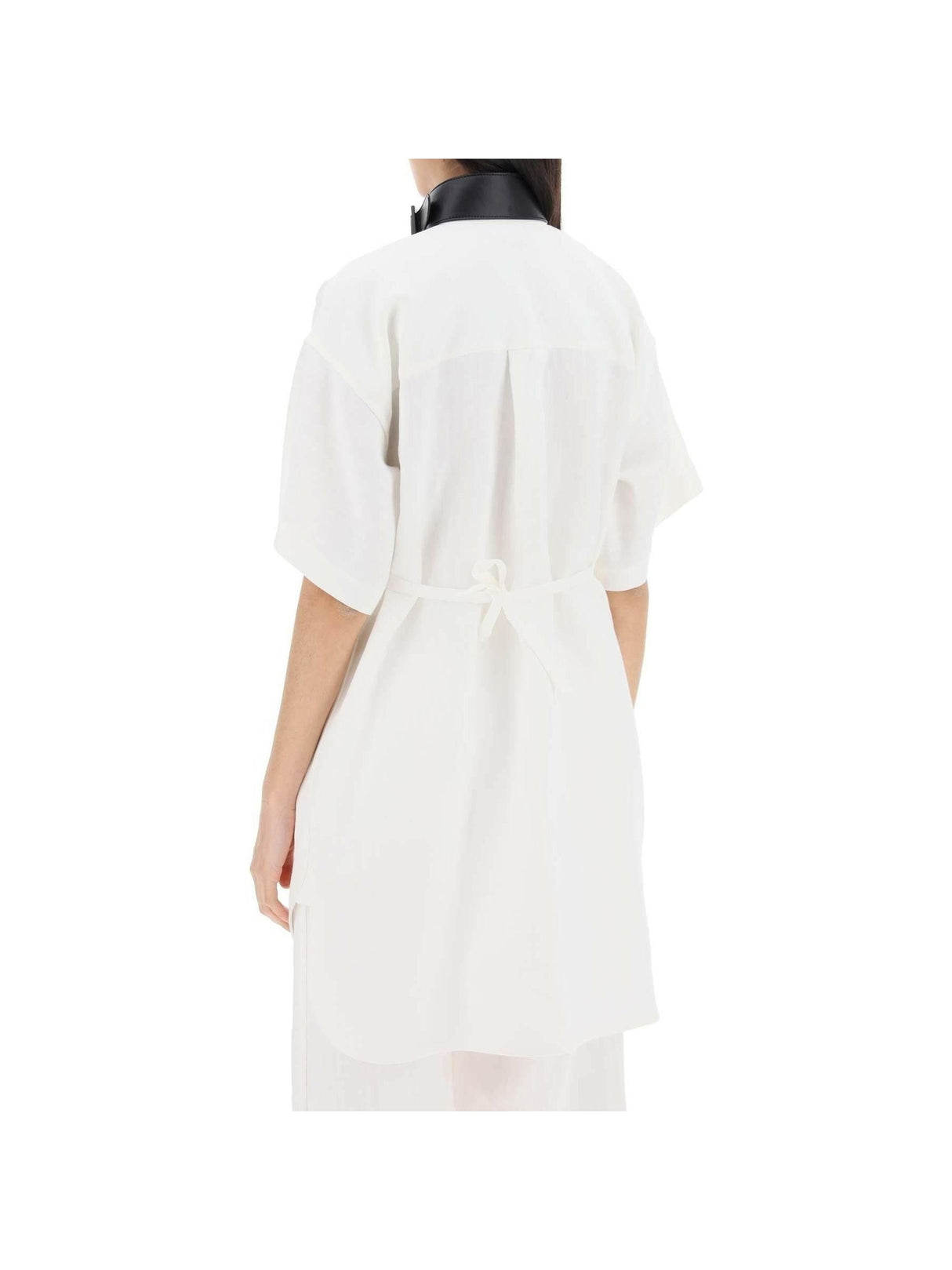 White Contrasting Black Leather Collar Linen-Blend Shirt Dress FERRAGAMO JOHN JULIA.