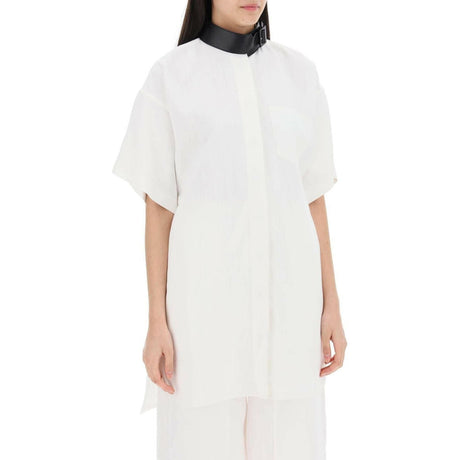 White Contrasting Black Leather Collar Linen-Blend Shirt Dress FERRAGAMO JOHN JULIA.