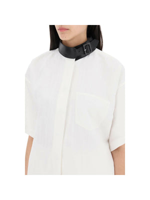 White Contrasting Black Leather Collar Linen-Blend Shirt Dress FERRAGAMO JOHN JULIA.