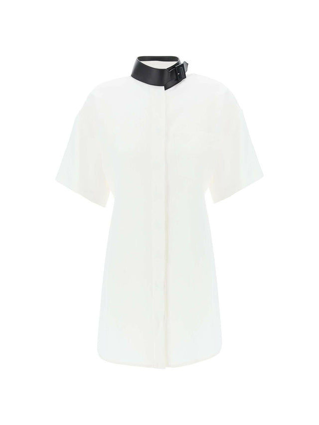 White Contrasting Black Leather Collar Linen-Blend Shirt Dress FERRAGAMO JOHN JULIA.