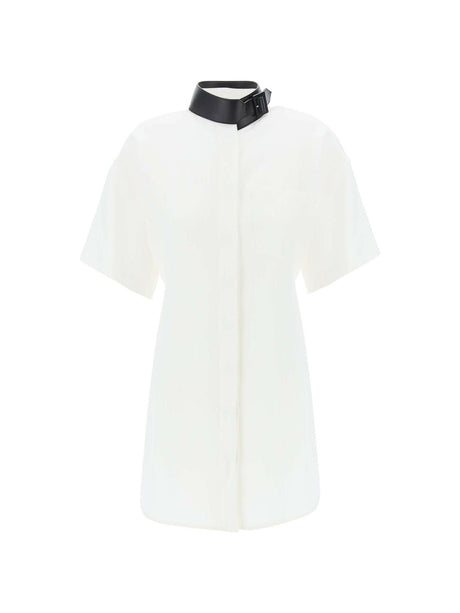 White Contrasting Black Leather Collar Linen-Blend Shirt Dress FERRAGAMO JOHN JULIA.