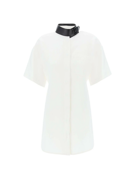 White Contrasting Black Leather Collar Linen-Blend Shirt Dress FERRAGAMO JOHN JULIA.