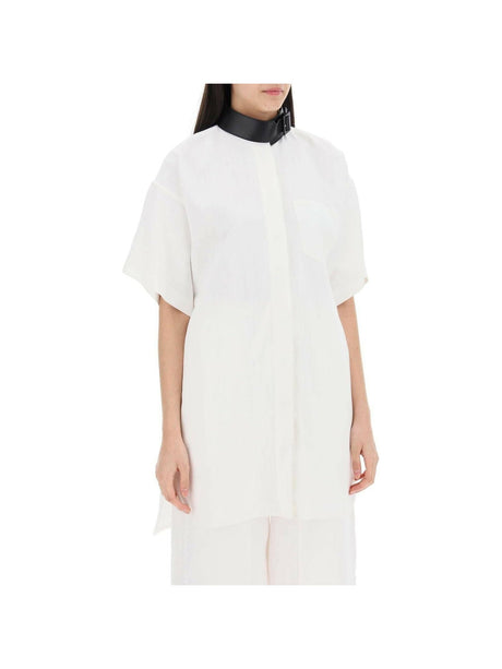 White Contrasting Black Leather Collar Linen-Blend Shirt Dress FERRAGAMO JOHN JULIA.