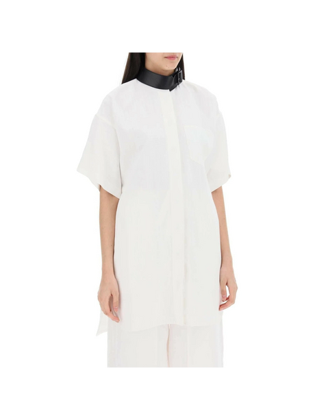 White Contrasting Black Leather Collar Linen-Blend Shirt Dress FERRAGAMO JOHN JULIA.