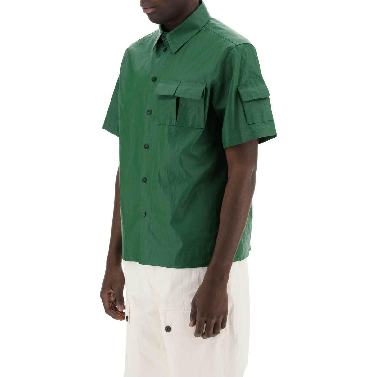 Forest Green Coated Linen Short-Sleeve Shirt FERRAGAMO JOHN JULIA.