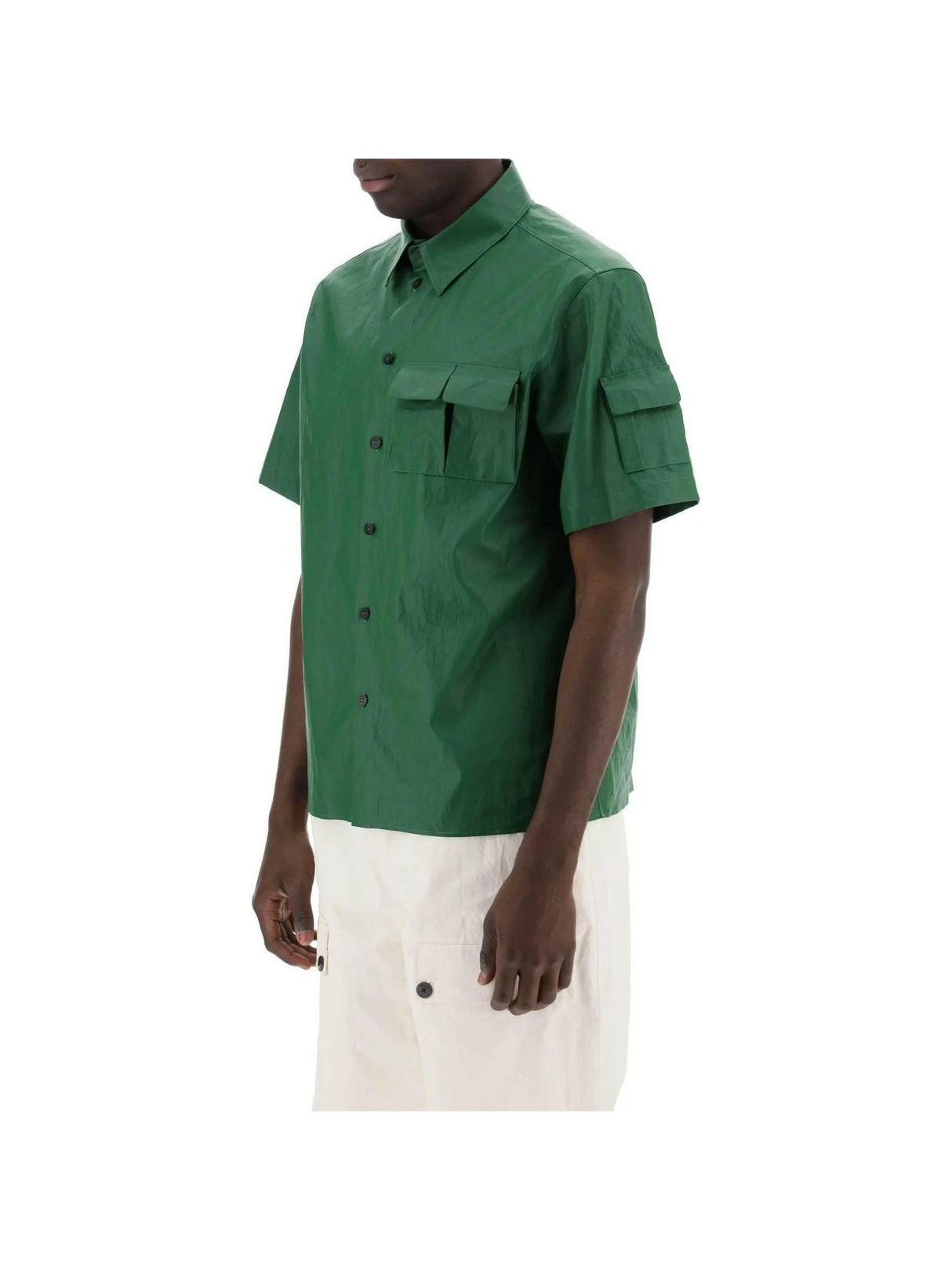 Forest Green Coated Linen Short-Sleeve Shirt FERRAGAMO JOHN JULIA.