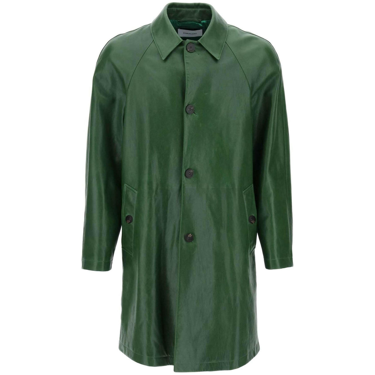 Forest Green Genuine Leather Single-Breasted Coat FERRAGAMO JOHN JULIA.
