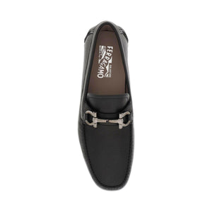 Black Gancini Leather Driver Loafers (double-wide) FERRAGAMO JOHN JULIA.