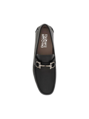 Black Gancini Leather Driver Loafers (double-wide) FERRAGAMO JOHN JULIA.